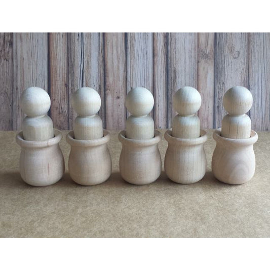 6 Wooden Peg With Hats  - Waldorf Wooden Peg Doll Figurine Montessori