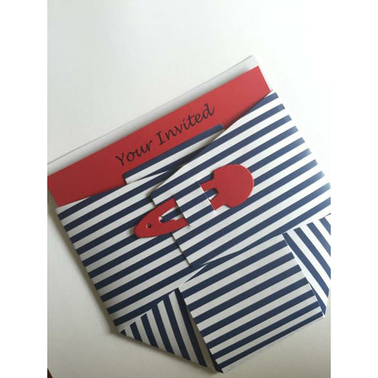 Baby Diaper Pocket DIY Invitation with Envelopes x 10 Nautical Navy & White